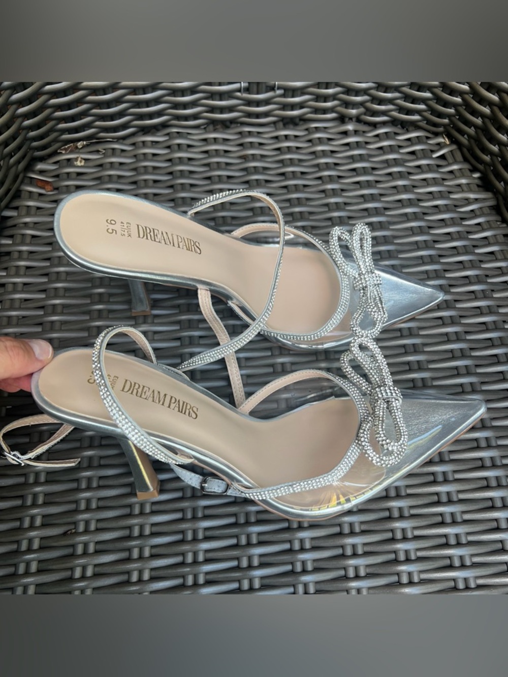 Dream Pairs Silver Pointed Toe Slingback Heels with Crystal Bow Accents